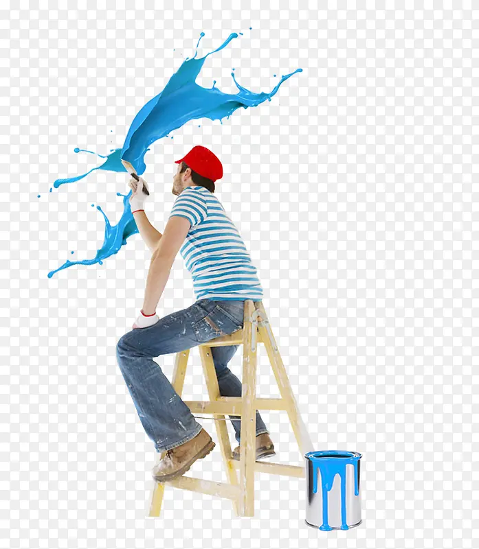 刷漆工人坐在梯子上刷漆