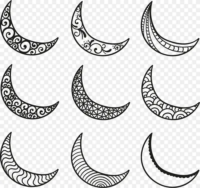 9款手绘花纹月亮矢量图