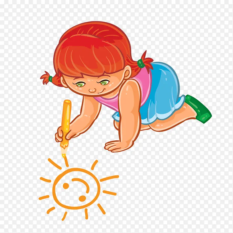 卡通手绘画太阳的小女孩
