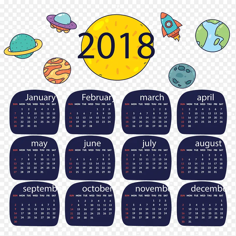 2018年彩绘宇宙元素年历矢量图