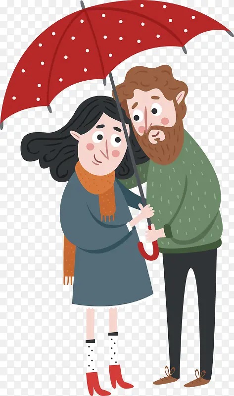 手绘可爱人物插图下雨撑伞的情侣