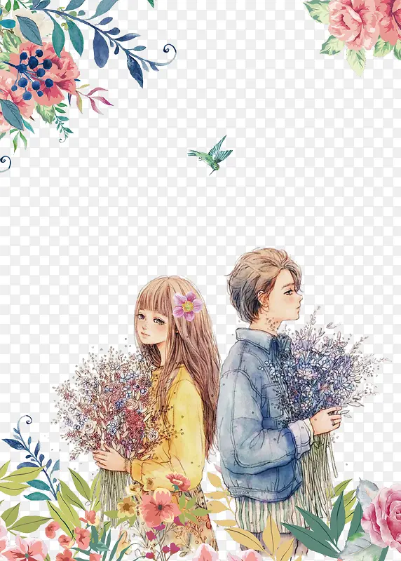 手绘唯美花季情侣插画PNG图片素材下载_图片编号8578035-PNG素材网