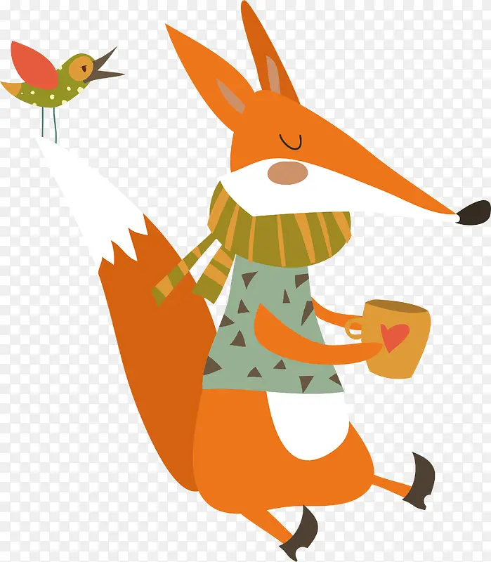 彩色狐狸喝水森林动物卡通插画素