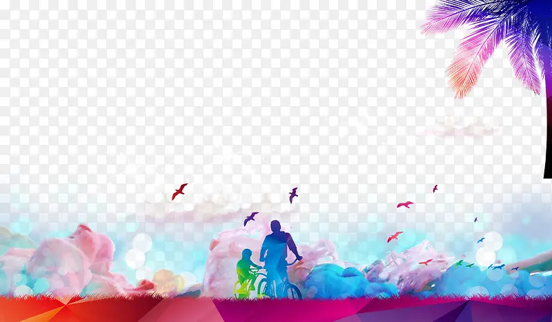 彩色父子骑自行车云朵背景