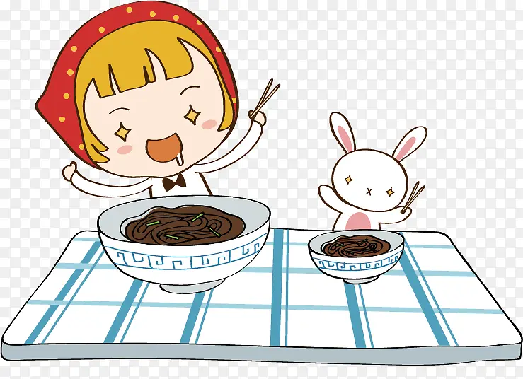 女孩和兔子吃面条