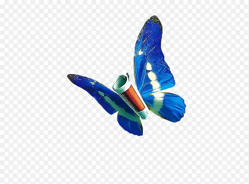 长着蓝色蝴蝶翅膀卷成圆筒的报纸