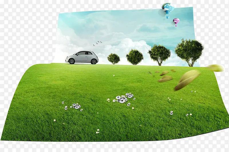 小汽车卷曲的绿草地
