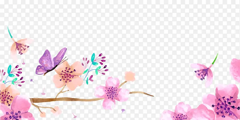 水彩绘粉色花朵蝴蝶装饰