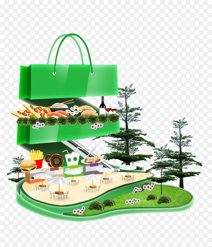 绿色环保购物袋创意展示板快餐食物