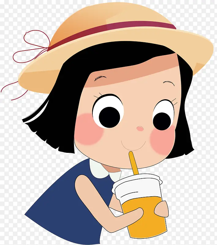 卡通手绘喝饮料的女孩素材