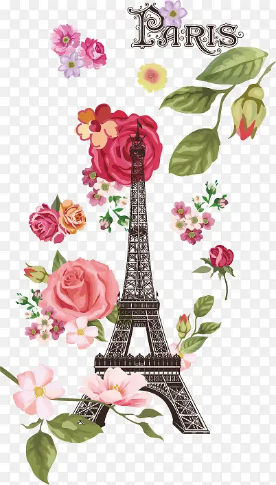 矢量梦幻巴黎铁塔和玫瑰花