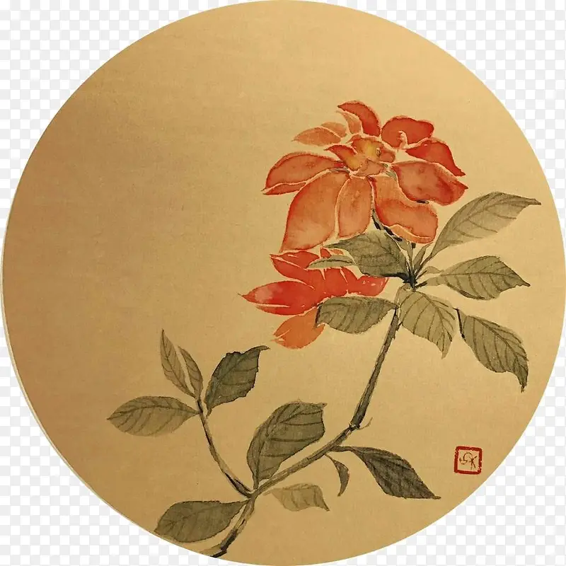 橙色牡丹花圆形插画