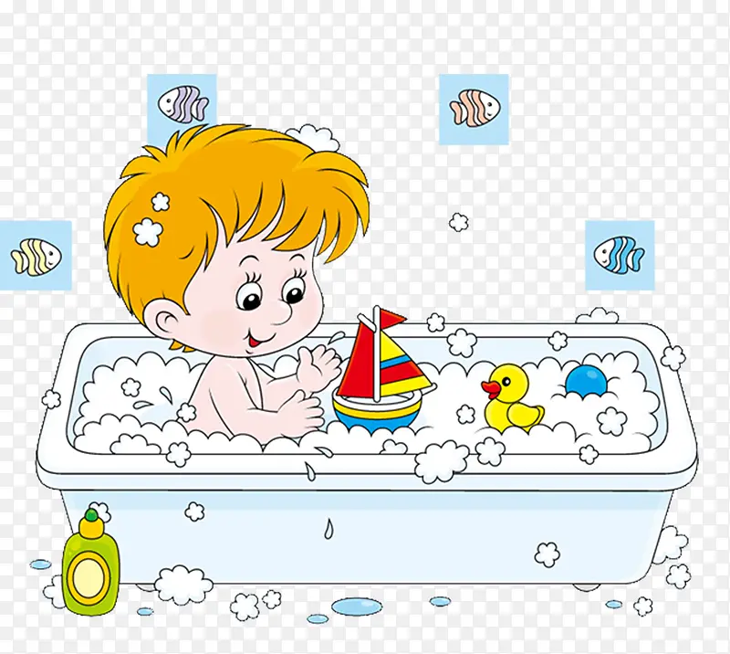 洗泡泡浴的男孩和玩具