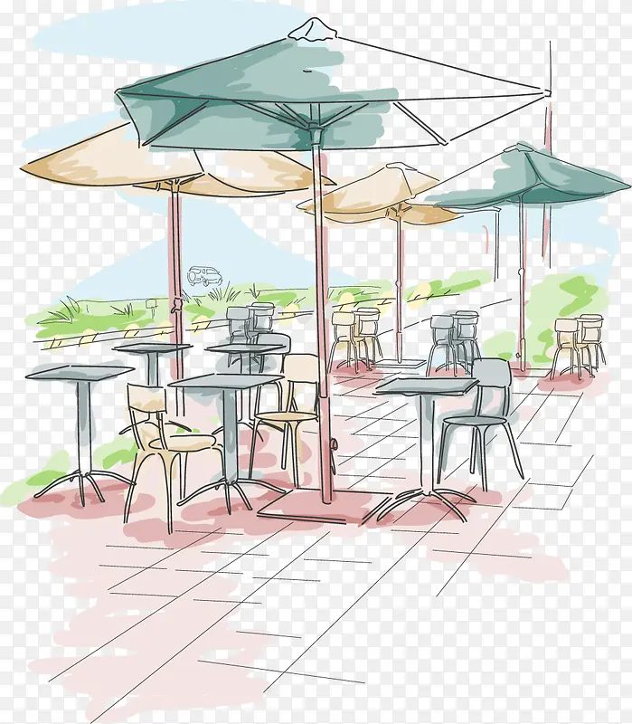 手绘水彩街头露天咖啡厅