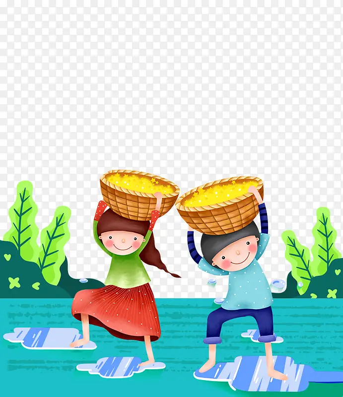 免抠卡通手绘拿着篮子的孩子跳舞