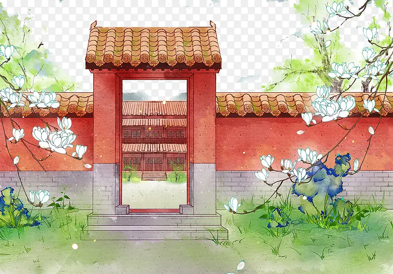 水彩红色寺庙插图