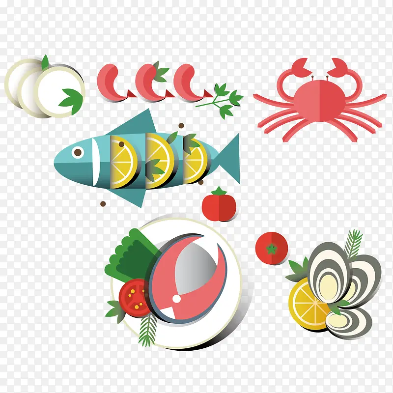 海鲜食品和蔬菜矢量图