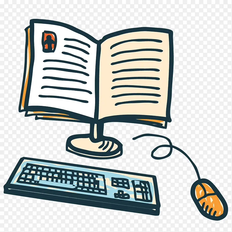 书本键盘和鼠标水彩图