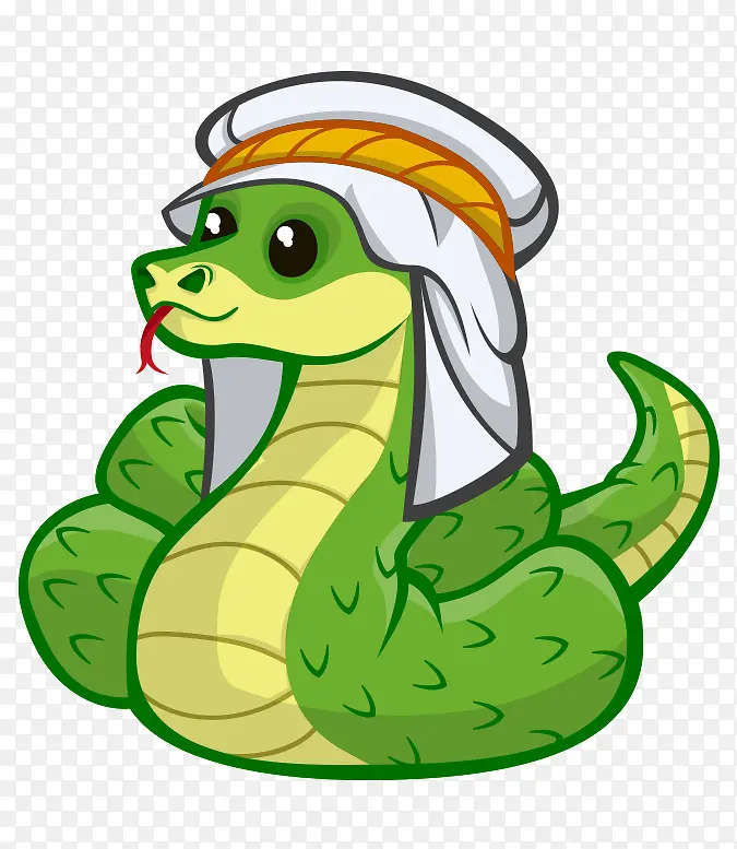 卡通手绘绿色可爱戴阿拉伯头饰蛇