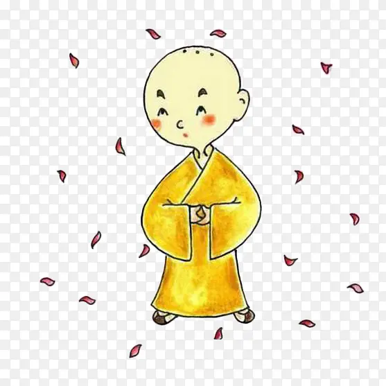 手绘站在花瓣中的小和尚