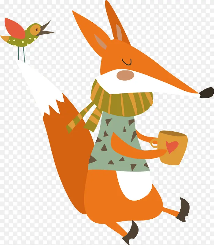 森林动物狐狸与小鸟卡通插画素材