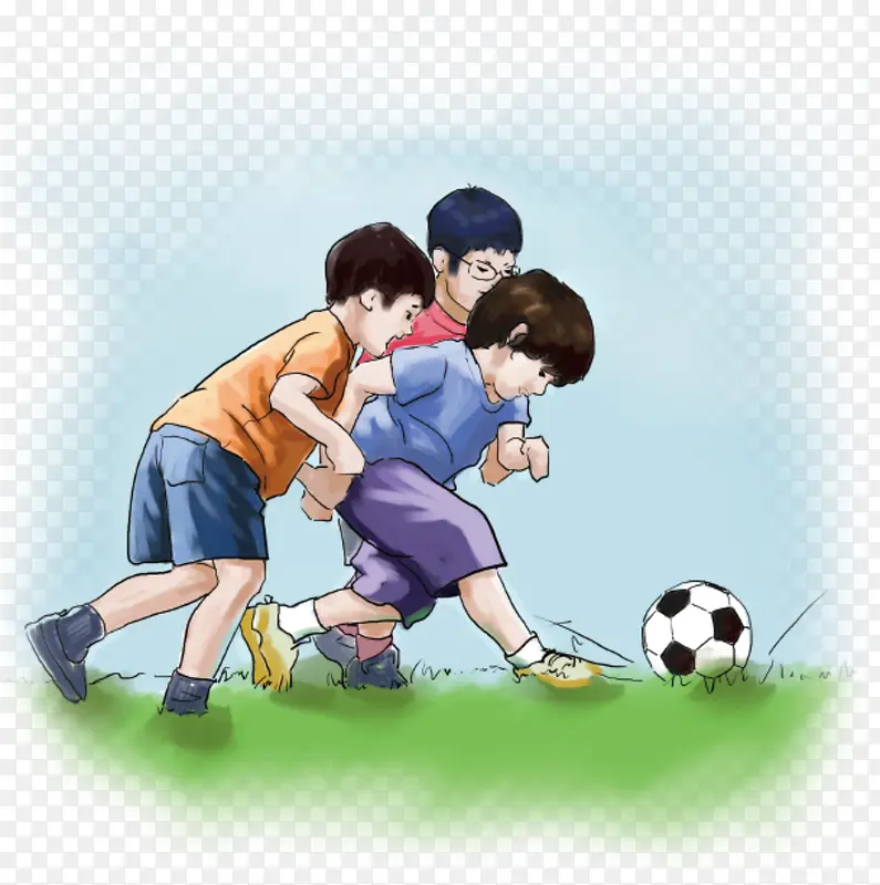 手绘卡通三个儿童踢足球