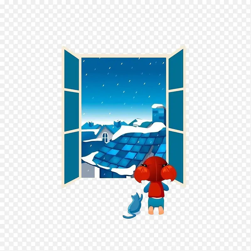 卡通看着窗外雪景的女孩素材