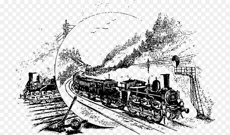 手绘黑白原始欧洲火车
