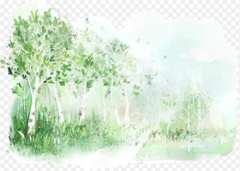 手绘绿色惬意情景