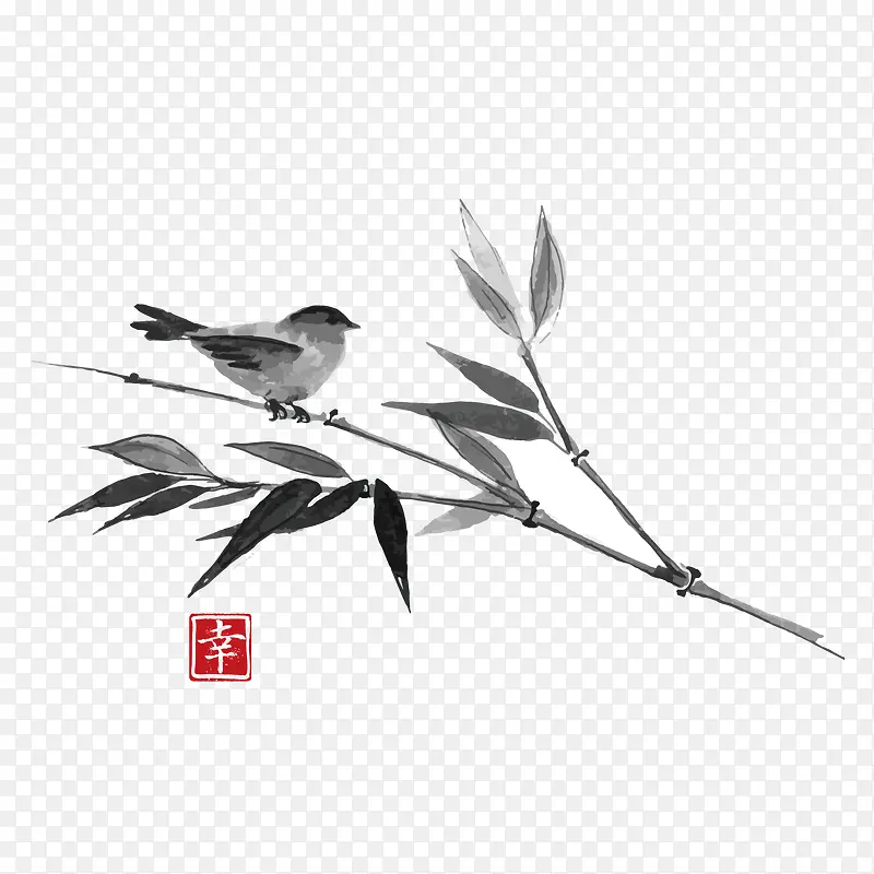 中国水墨竹子和黄鹂鸟