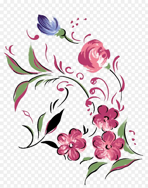 四多紫红花和一朵小蓝花手绘