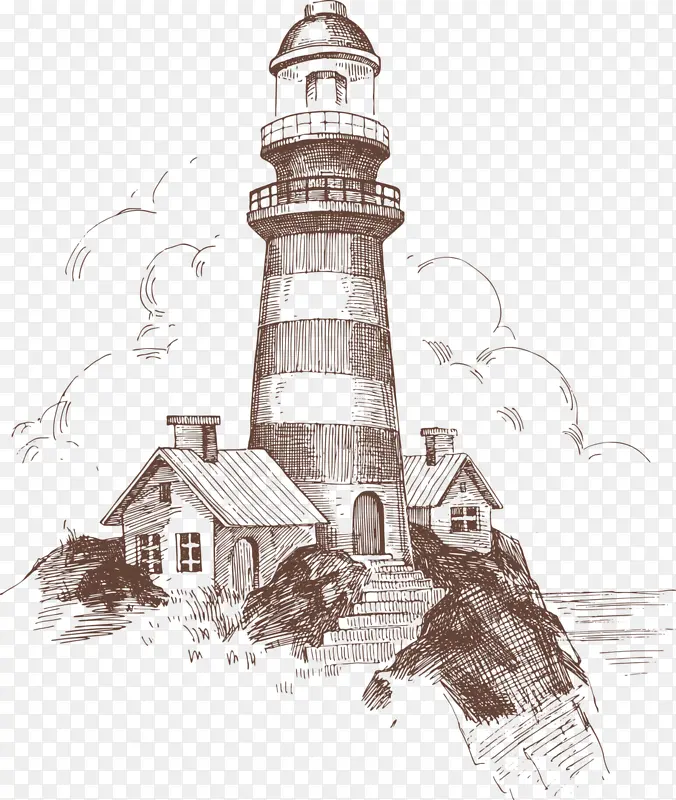素描海岛灯塔装饰图案