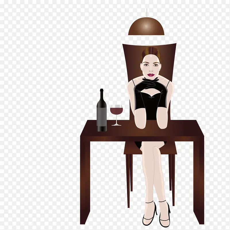 坐在木质桌椅上喝红酒的女郎