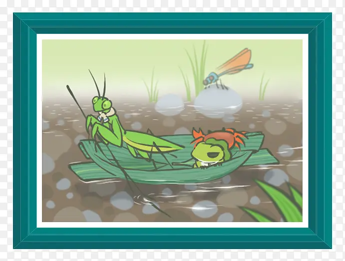 青蛙蚂蚱一起乘船的照片