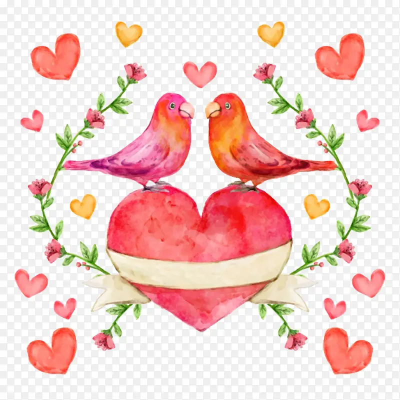 水墨水彩粉红色爱心爱情鸟