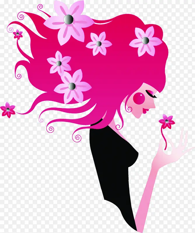 粉色飘逸花朵长发美女手绘