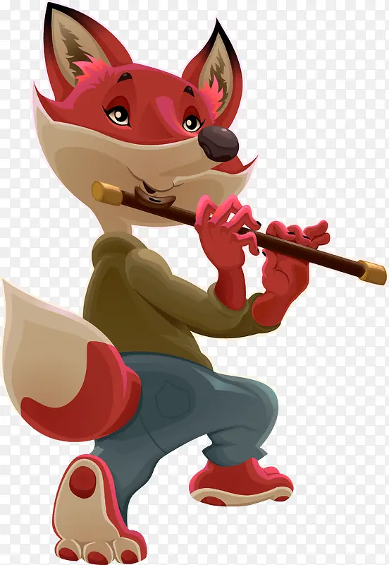 矢量手绘吹笛子的狐狸