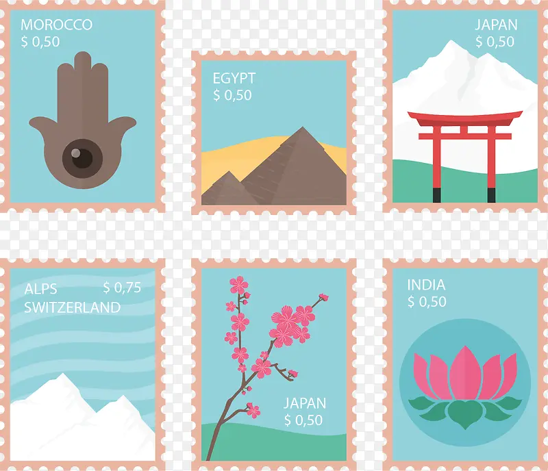 六张出国旅游邮票