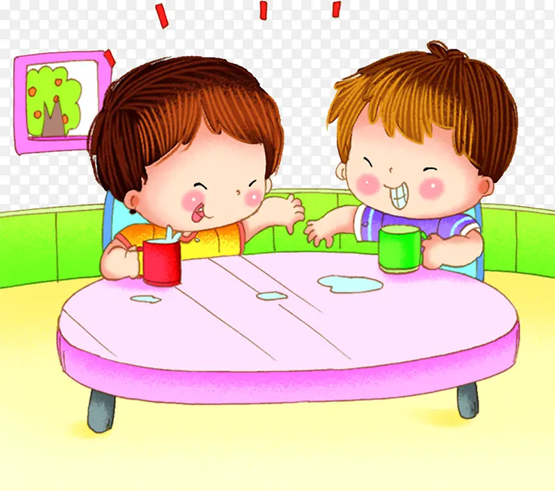 卡通手绘两个小孩喝水玩