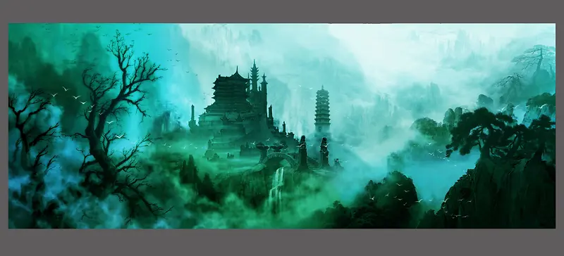 游戏场景绿色环境效果天空云雾缭绕