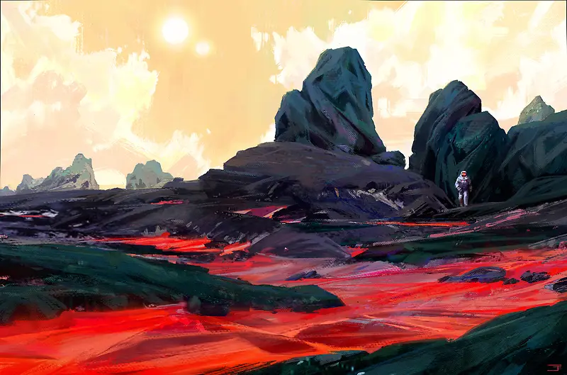 环境渲染彩绘风格天空红色的火山岩