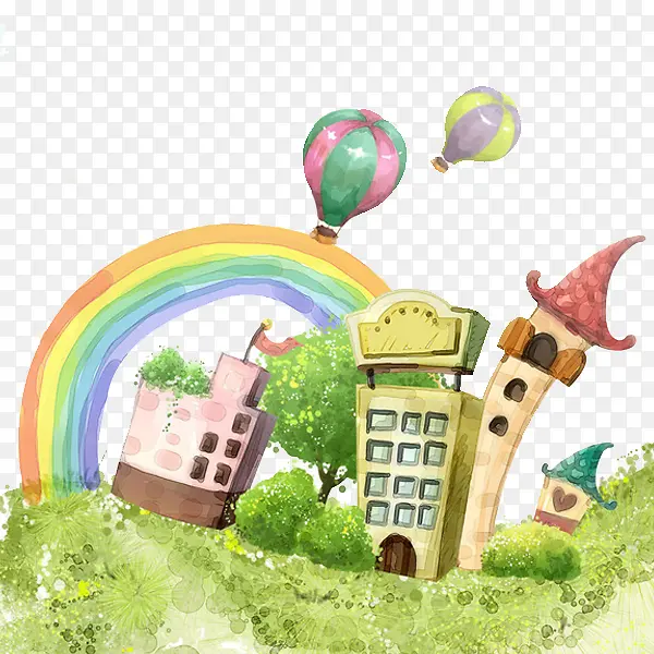 热气球彩虹手绘居民区