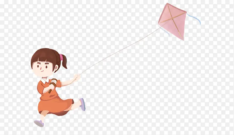 手绘插画放风筝奔跑的小女孩