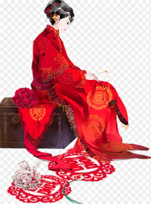 垂目的红衣新娘古风手绘