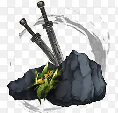 插剑的黑色岩石手绘海报背景