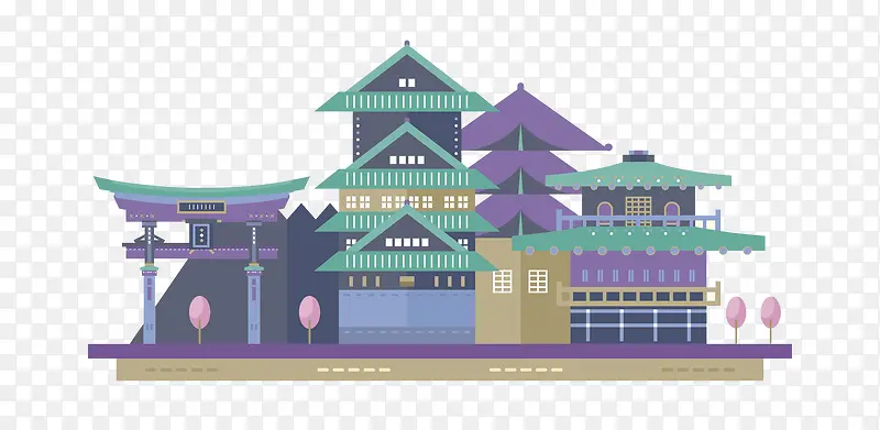 紫绿色古镇建筑楼