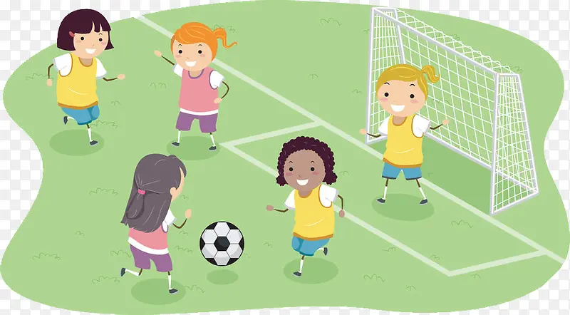 卡通插图草地上踢足球的可爱女孩