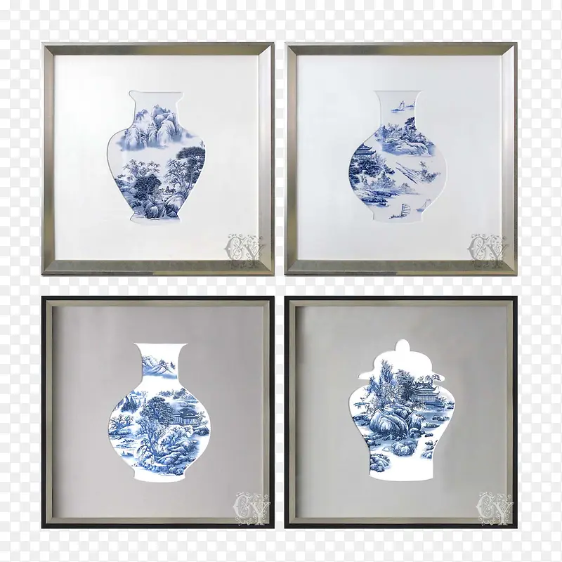 中式白钢框青花瓷瓶剪影方形壁画