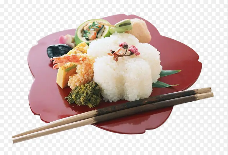 红色盘子内的筷子和米饭酱菜