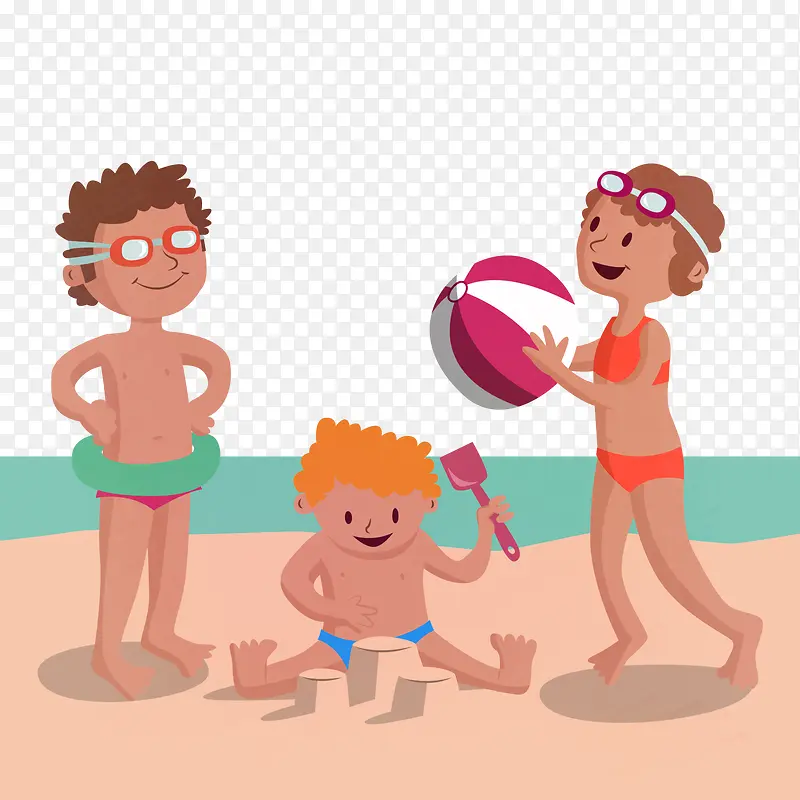 矢量手绘在海边玩耍的一家人